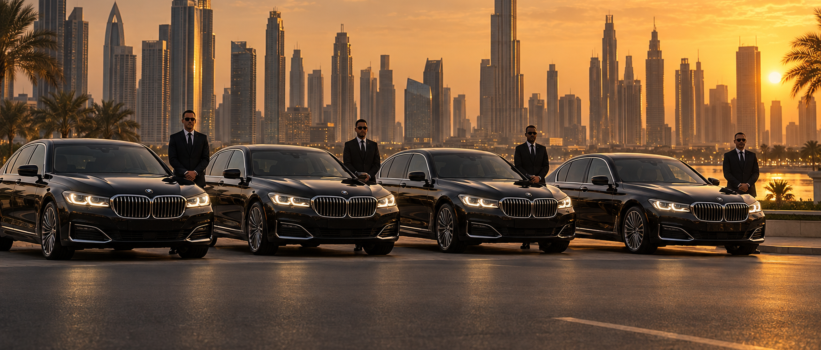 Luxury vehicles lined up at sunset against the Dubai skyline
