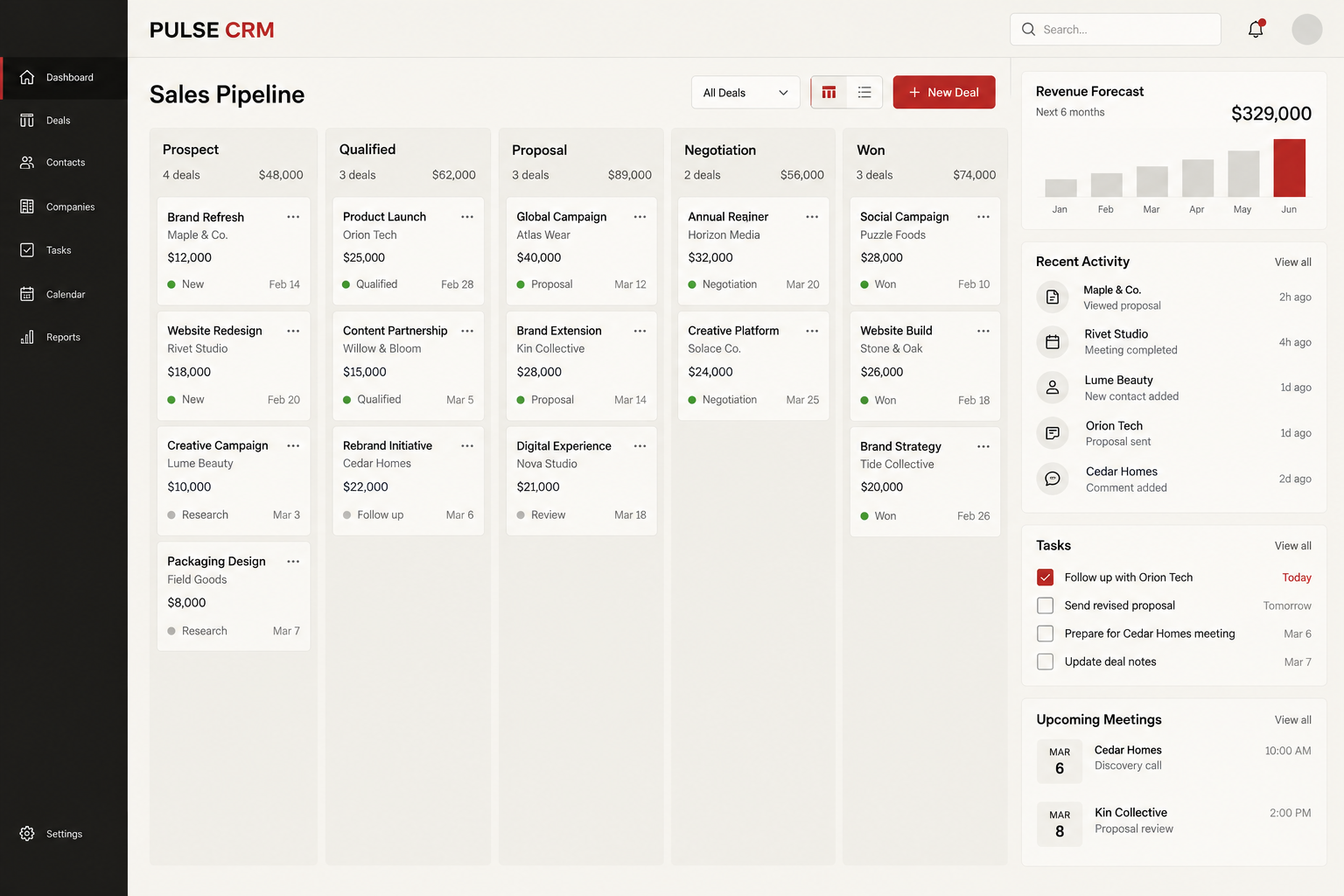 PULSE CRM customer relations and sales pipeline interface concept