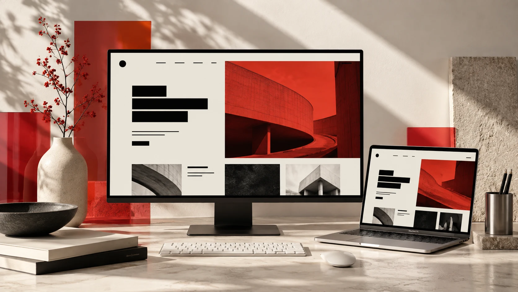Écrans de bureau et portable montrant un site éditorial aux tons rouge et papier